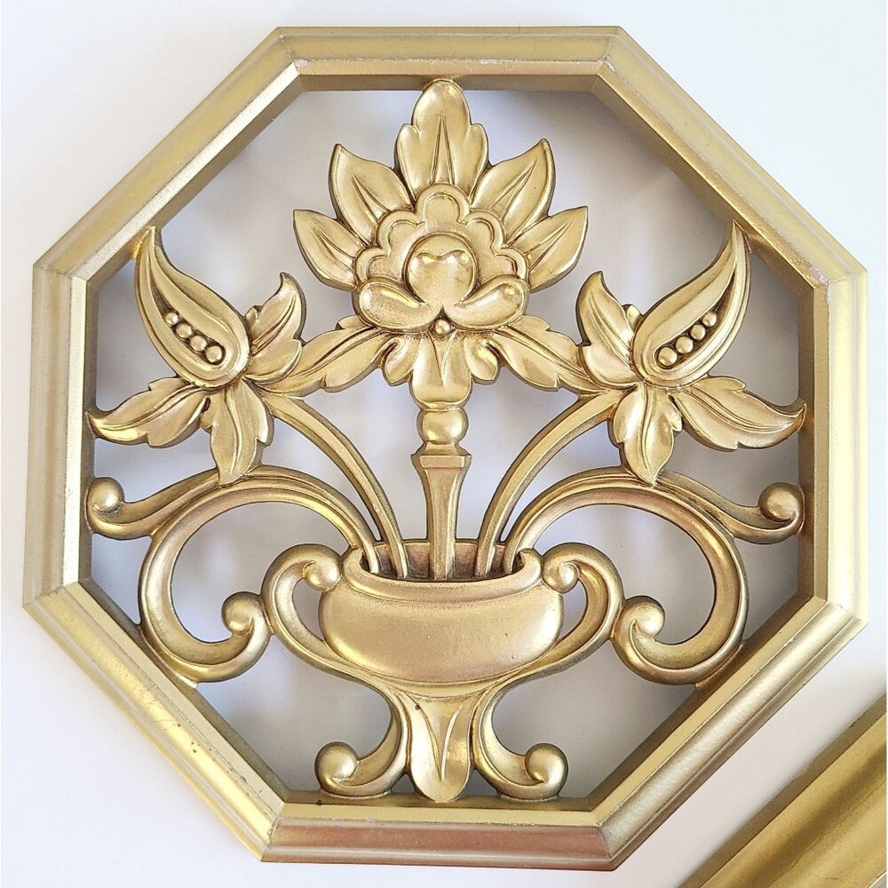 Vtg MCM Syroco Gold Octagonal Wall Art Plaques Decor Set Of 2 Floral Vase Design - Picture 6 of 14